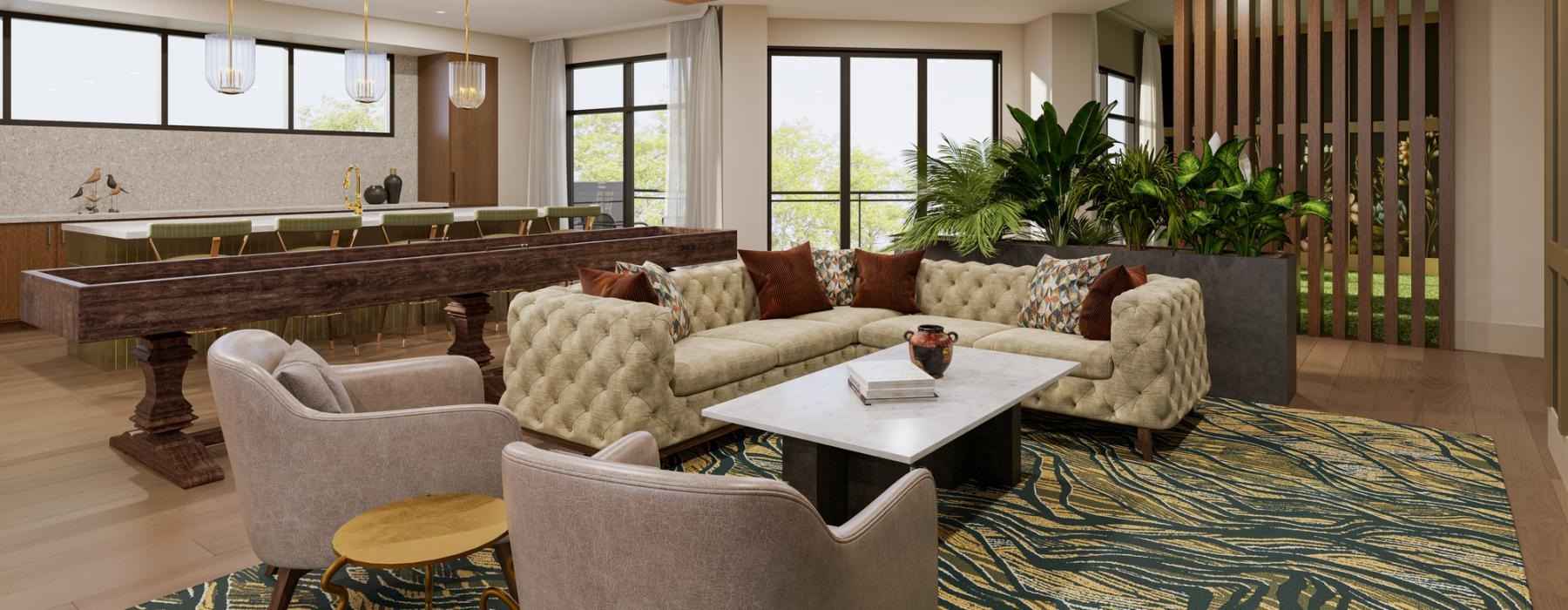a room with a large window and couches