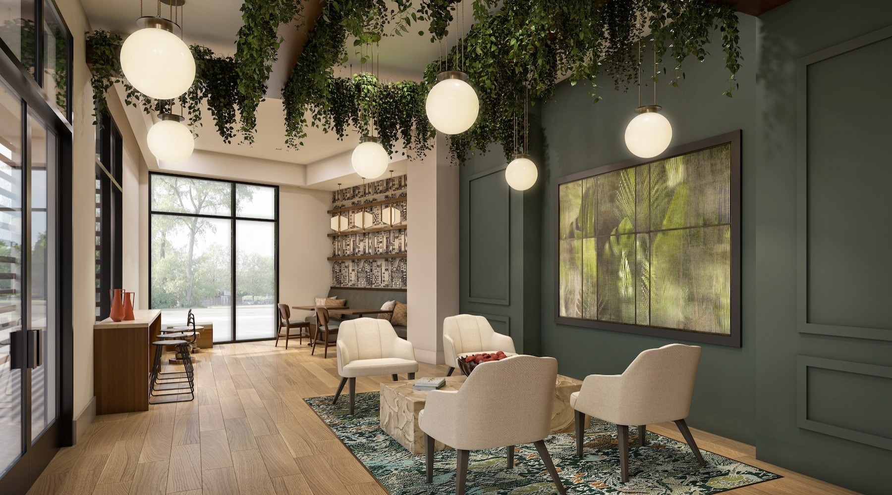 interior with green walls and plants on ceiling